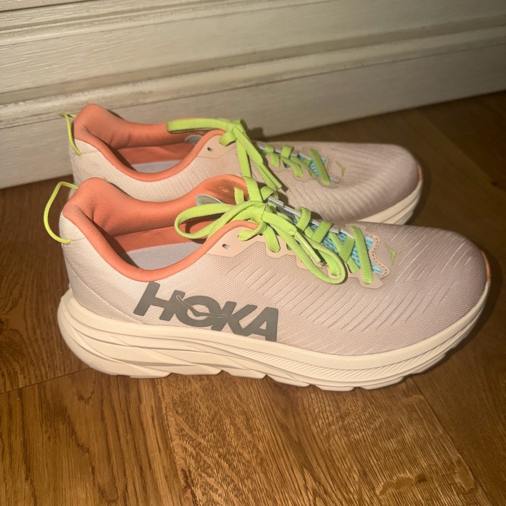 Hoka Women's Light Pink Running Shoes with Neon Green Laces